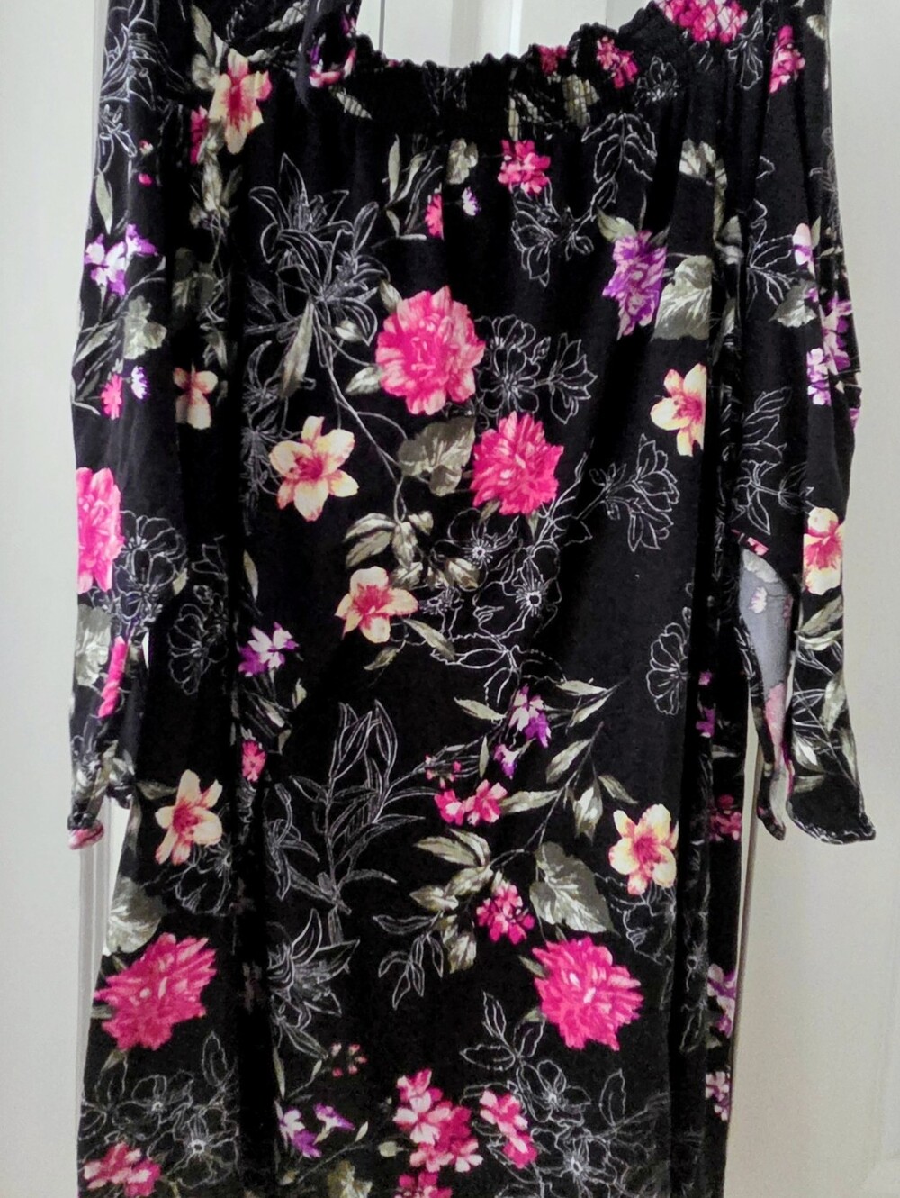 Women's Black Floral Off-Shoulder Dress with Pink Blossoms
